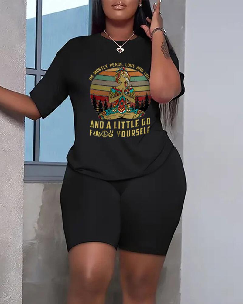 

Plus Size Graphic Slogan Print Top & High Waist Shorts Set, Black