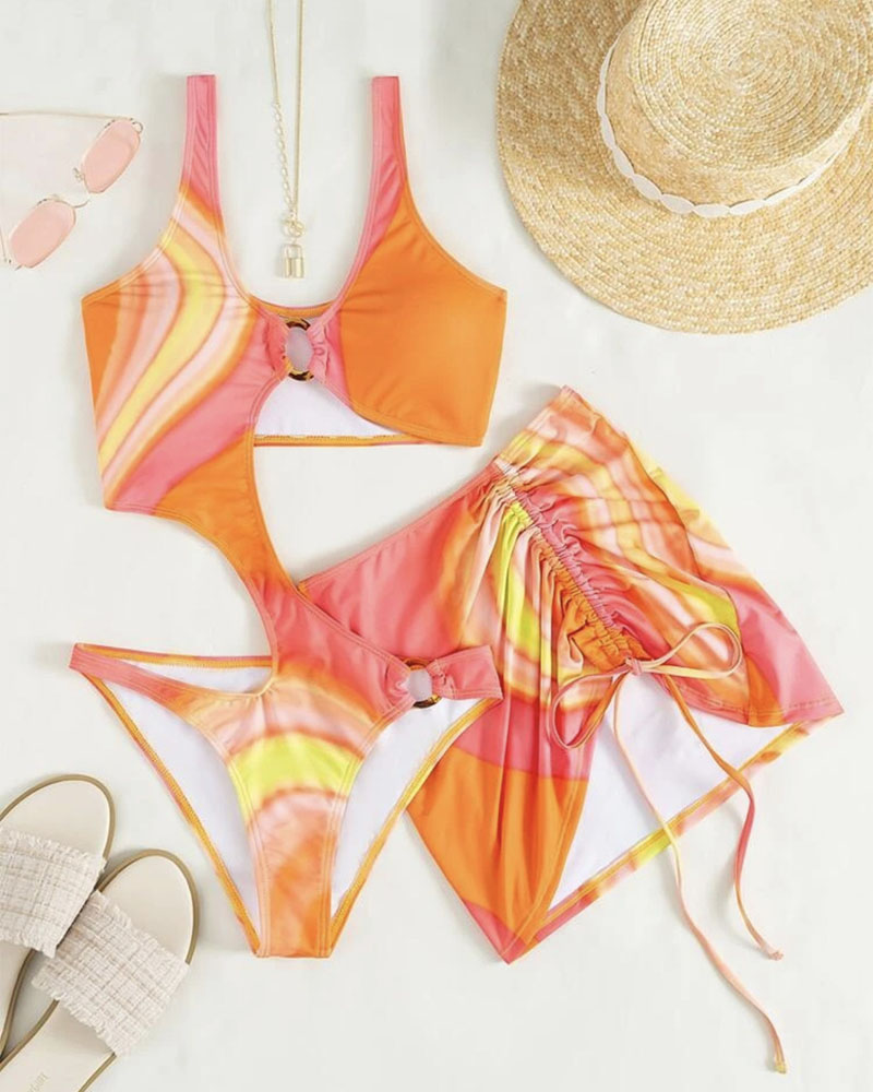 

Marble Print O-Ring One-Piece Swimsuit With Cover Up, Orange