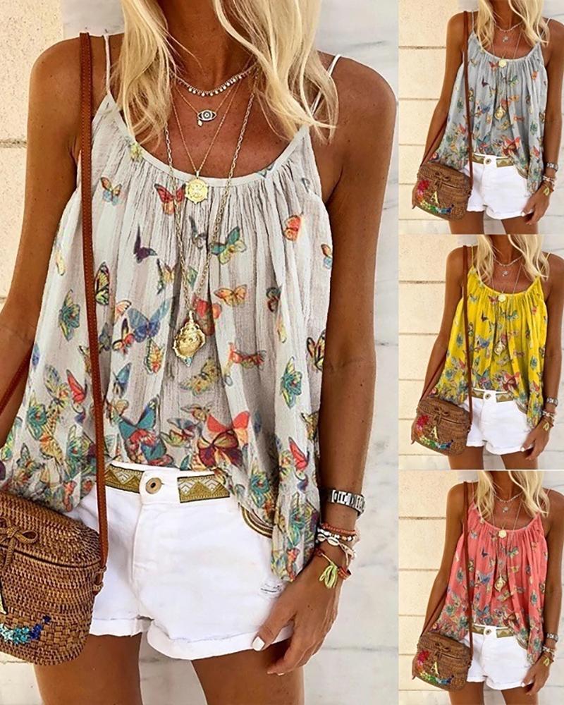 

Spaghetti Strap Butterfly Print Casual Top, Gray