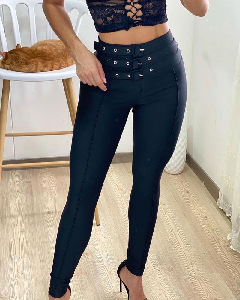 

High Waist Skinny Eyelet Buckled Skinny Pants, Black