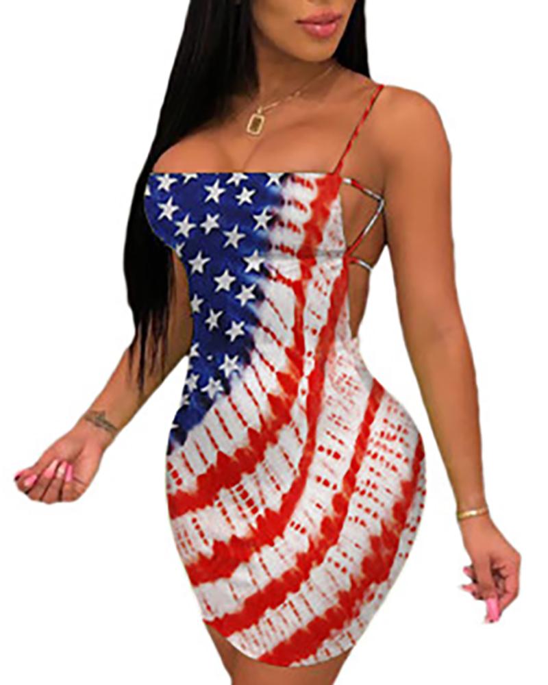 

Flag Print Spaghetti Strap Backless Dress, Blue