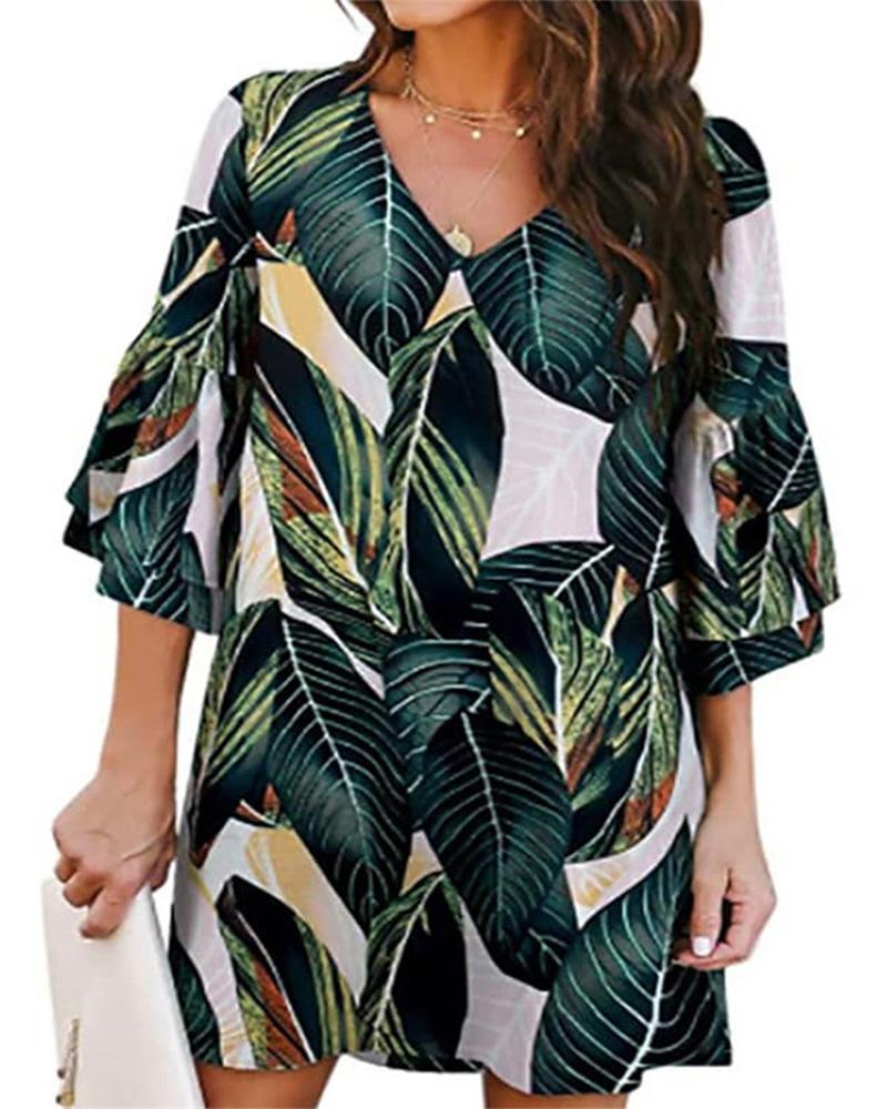 

Plants Print Flutter Sleeve V-Neck Dress, Green