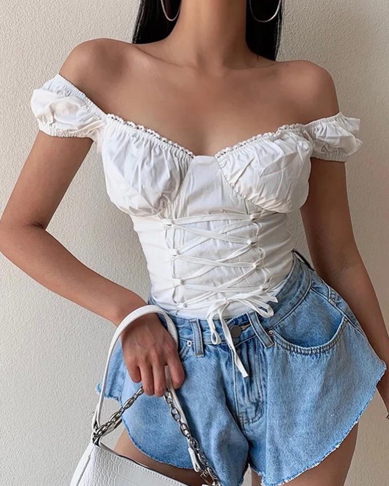 

Off Shoulder Plain Lace Up Ruched Top, White