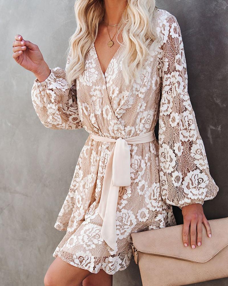 

Crochet Lace Lantern Sleeve Casual Dress, Apricot