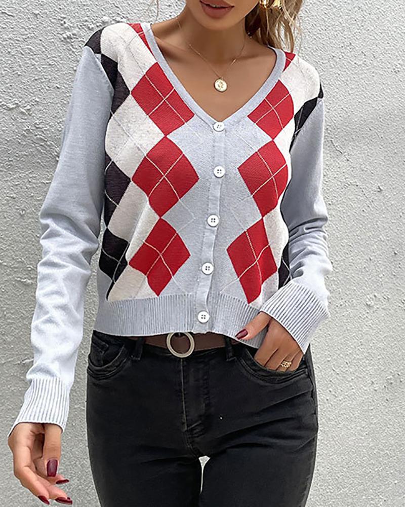 

Argyle Print Colorblock Button Design Knit Cardigan, Gray