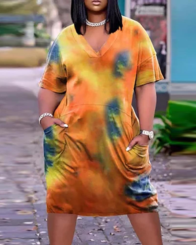 

Tie Dye Print Pocket Design V-Neck Dress, Orange