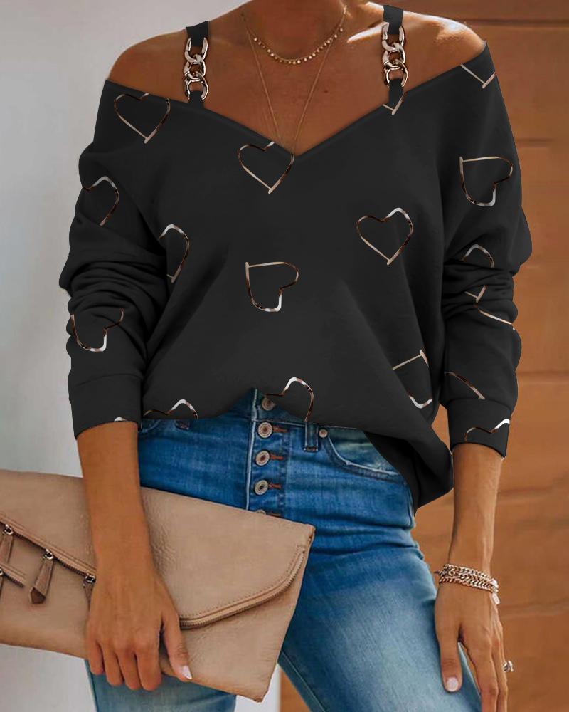

Heart Print Chain Strap Cold Shoulder Casual Top, Black