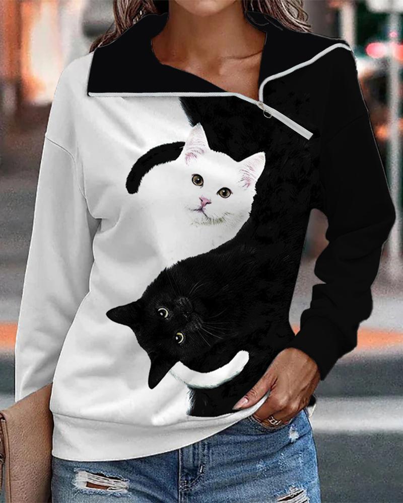 

Cat Print Colorblock Zipper Design Sweatshirt, Black