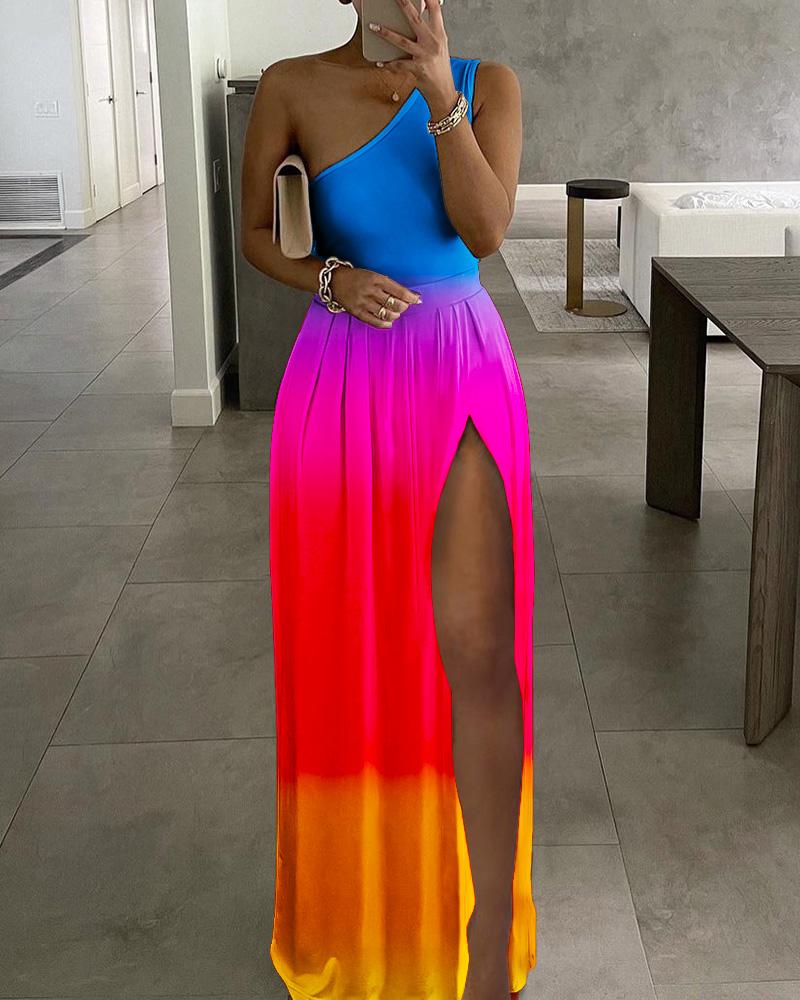 

Ombre One Shoulder High Slit Maxi Dress, Multicolor