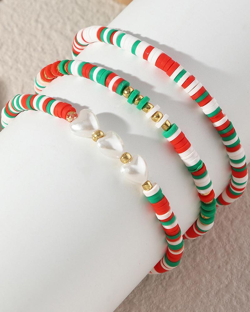 

3pcs Christmas Colorblock Heart Pearls Pattern Beaded Bracelet Set, Green