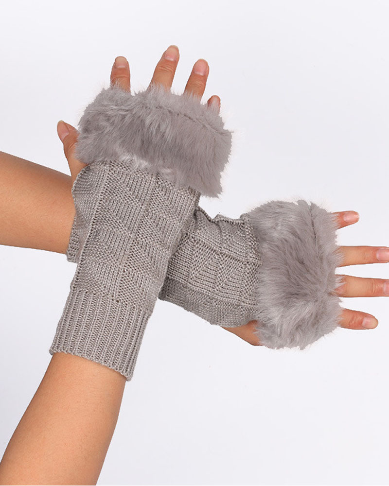 

Christmas Fuzzy Trim Knit Fingerless Gloves, Gray