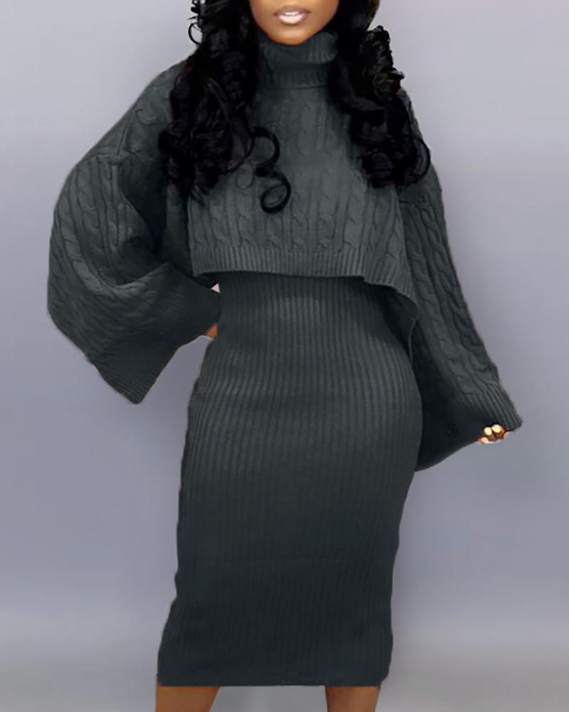 

Solid High Neck Ribbed Sweater & Thin Strap Dress Sets, Dark grey
