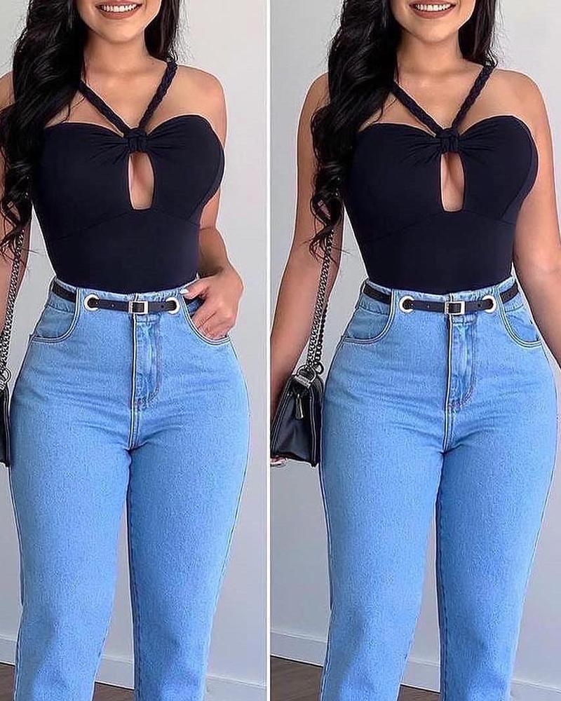 

Braided Halter Cutout Skinny Top, Black
