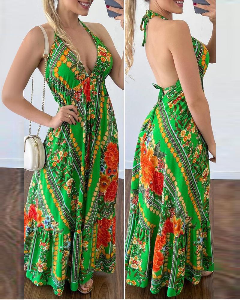 

Floral Print Ruffle Hem Halter Backless Maxi Dress, Green