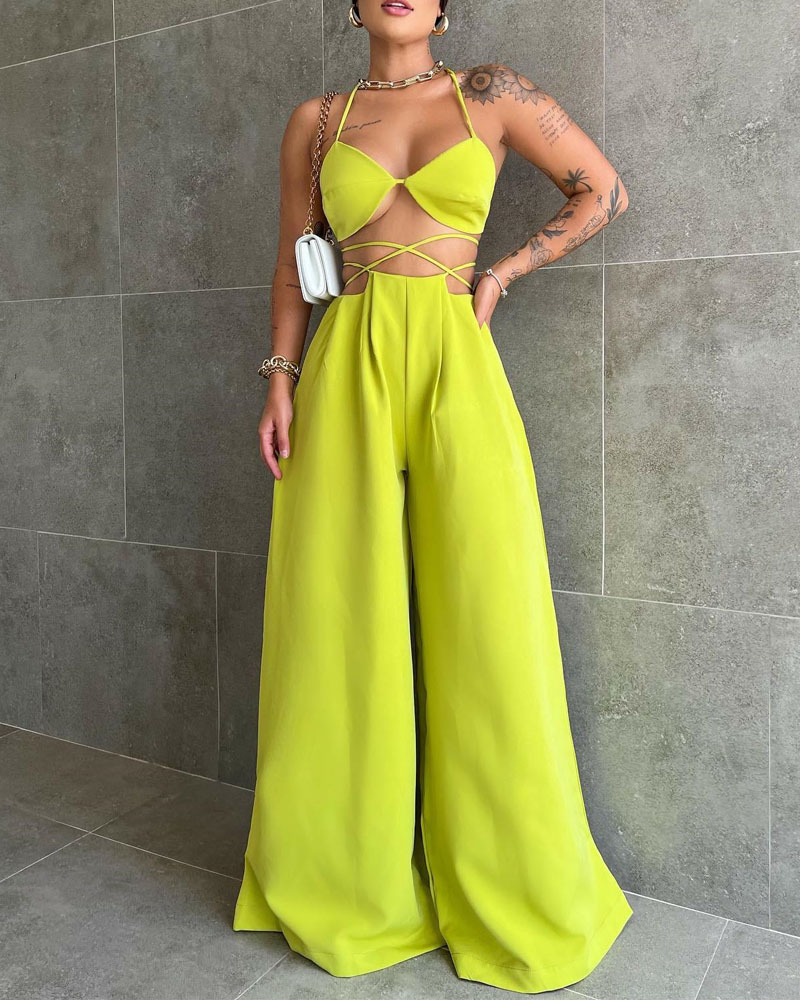 

Criss Cross Backless Crop Top & Wide Leg Pants Set, Yellow