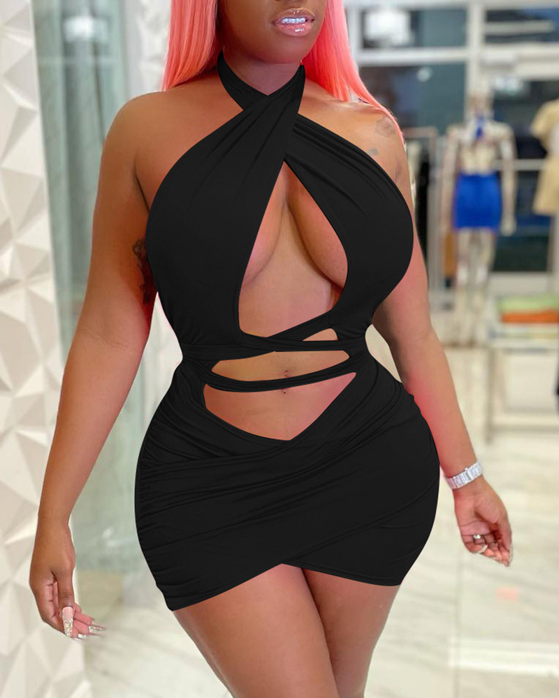 

Cross Halter Cutout Bodycon Dress, Black