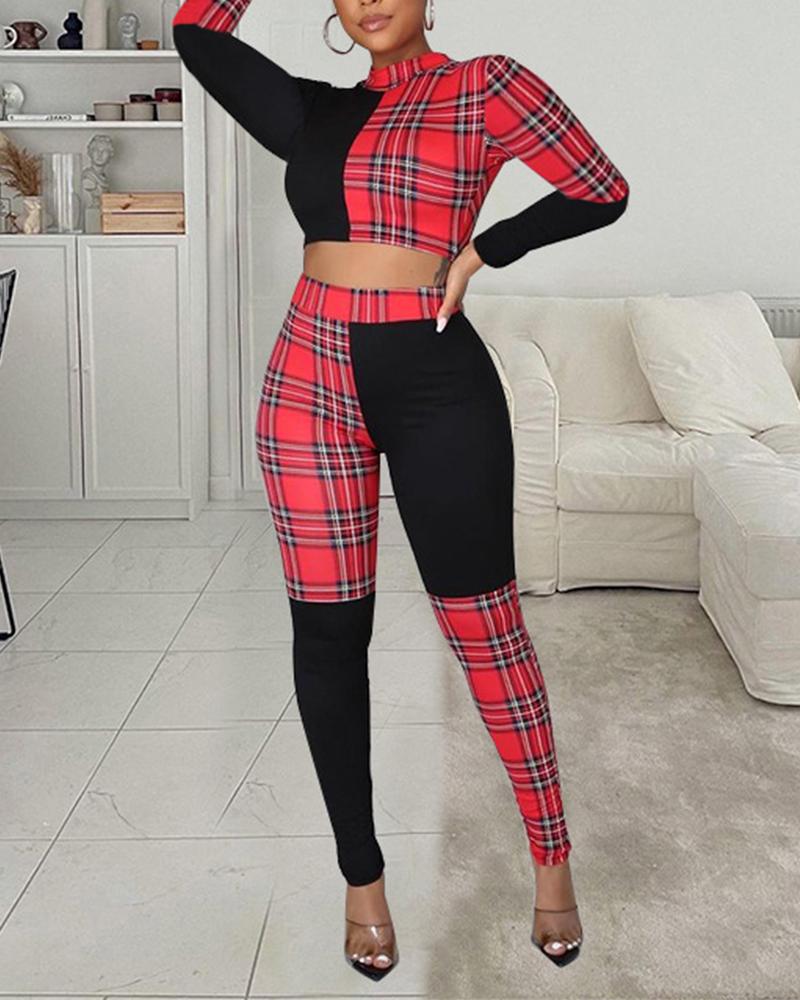 

Colorblock Plaid Crop Tee & Leggings Set, Red
