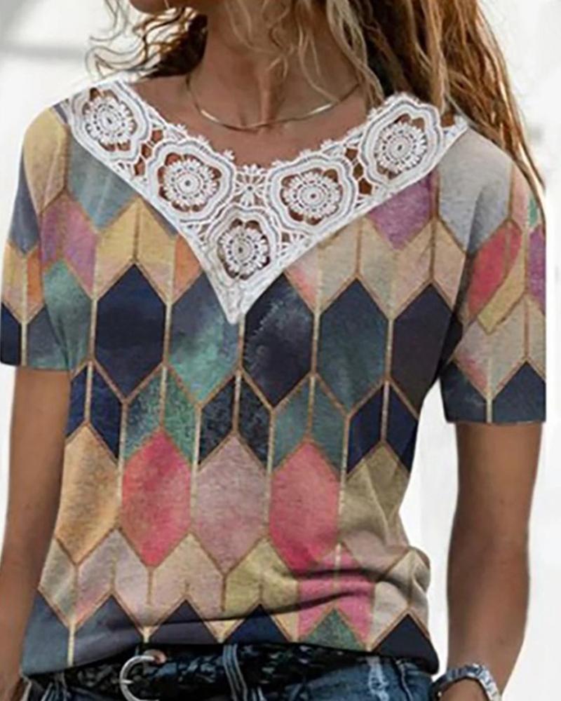 

Eyelash Crochet Lace Geo Print Colorblock Women Top, Multicolor