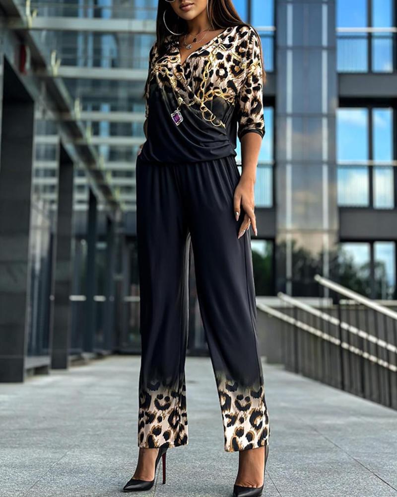 

Leopard Chain Print Ombre Overlap Ruched Jumpsuit, Black