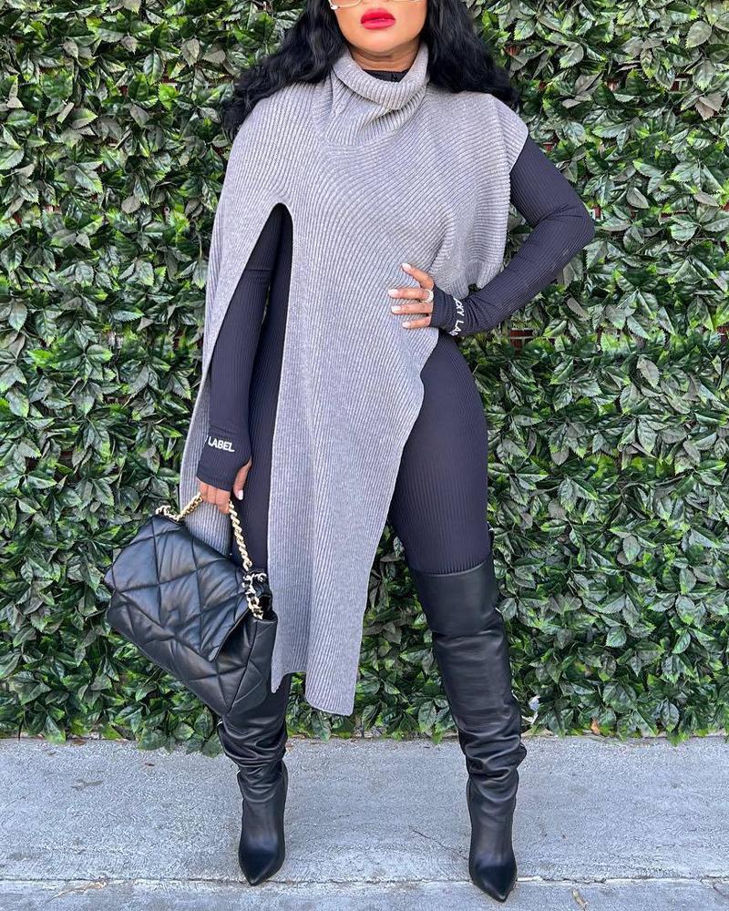

Turtleneck Split Sleeve Asymmetrical Sweater, Gray