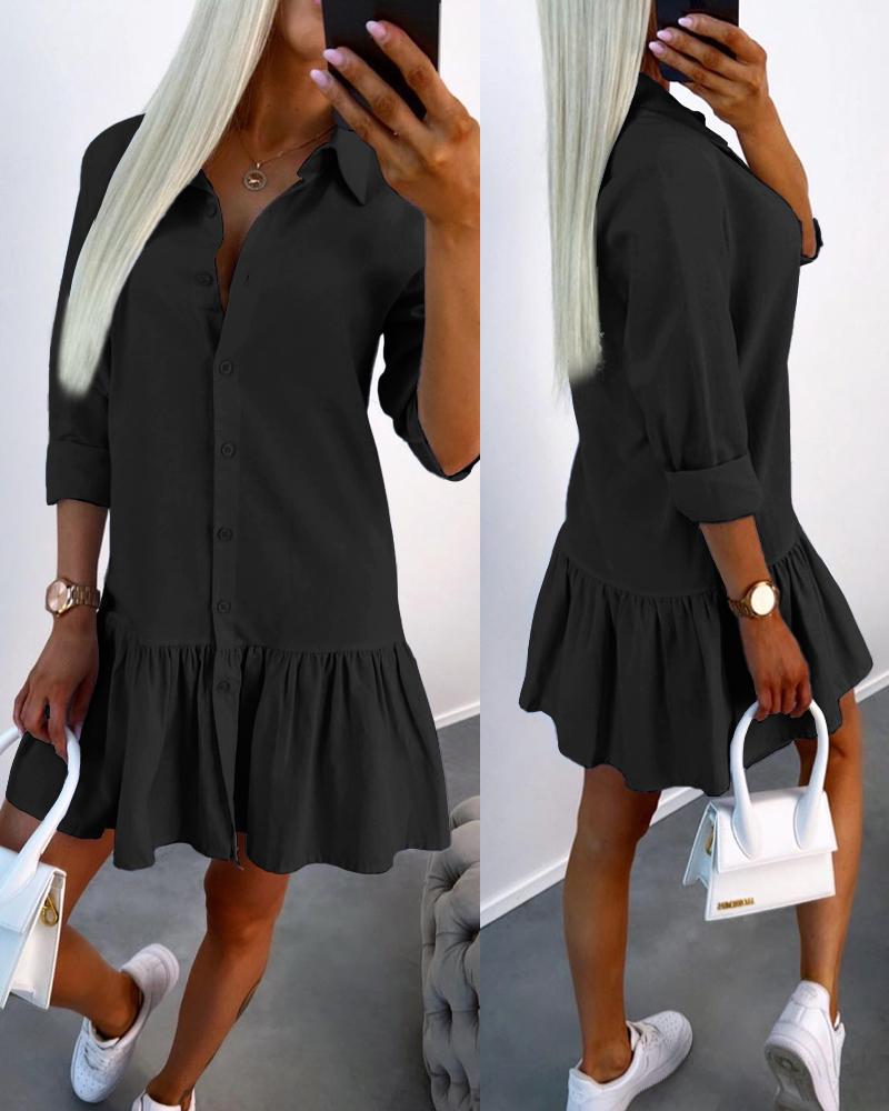 

Long Sleeve Buttoned Ruffle Hem Shirt Dress, Black