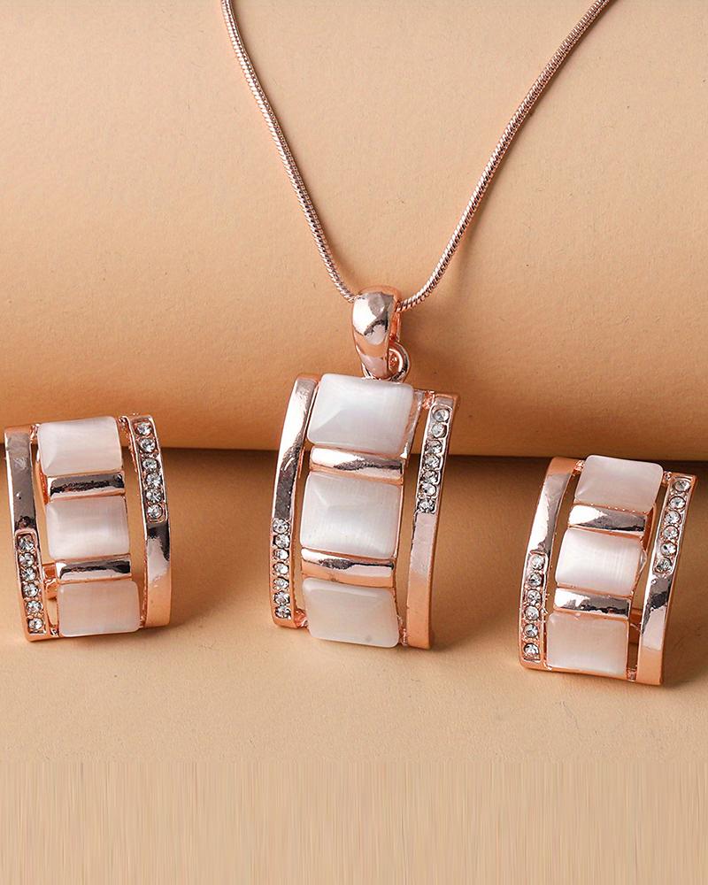

2PCS Square Opal Trendy Pendant Necklace & Earrings Jewelry Set, Gold