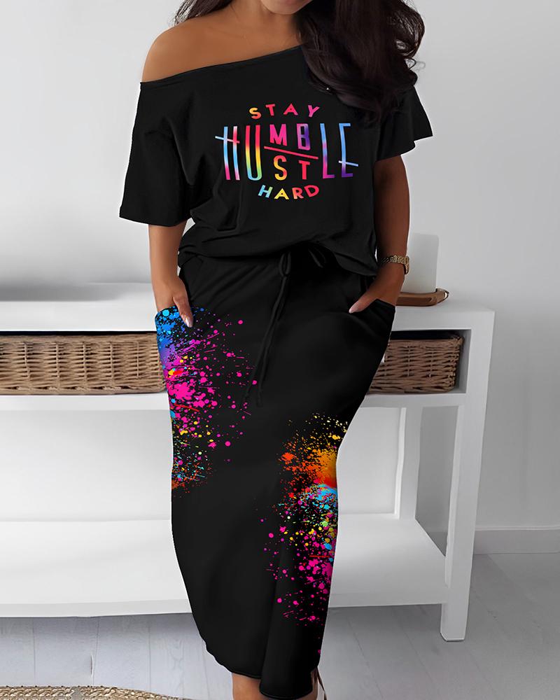 

Plus Size Slogan Ink Splash Print Skew Neck T-shirt & Skirt Set, Black