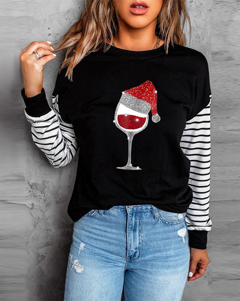 

Christmas Wine Glass Print Long Sleeve Top, Black