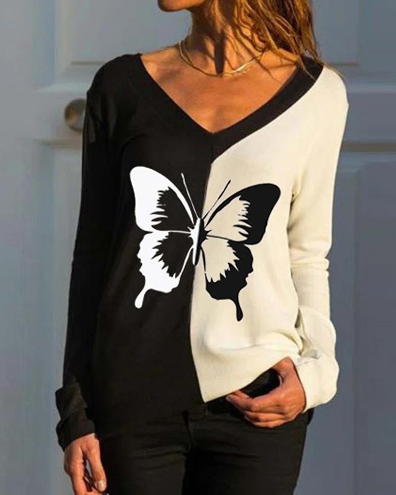 

Butterfly Print Colorblock Long Sleeve V Neck Top, Black
