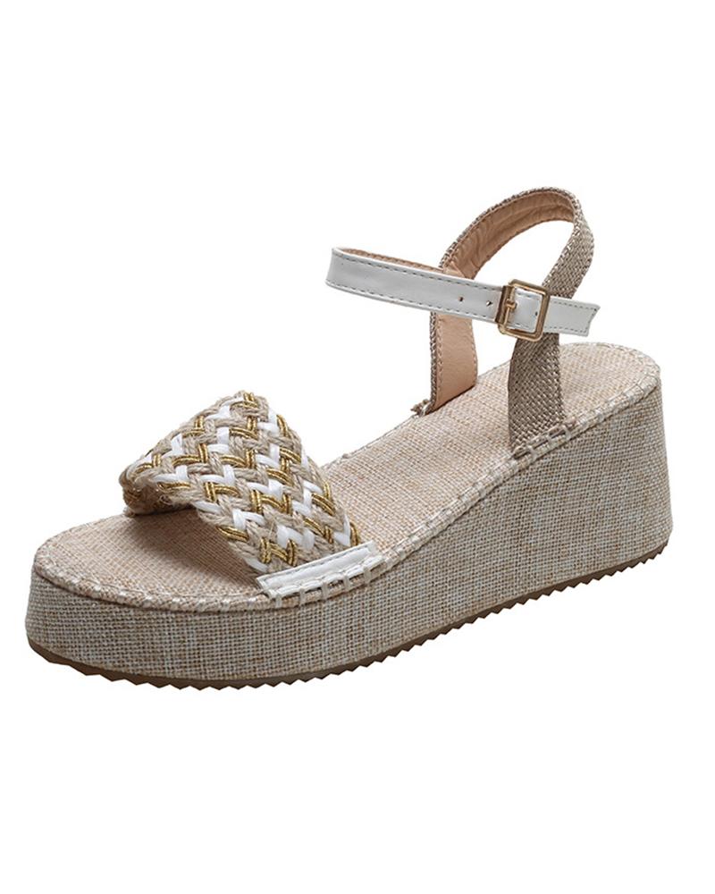 

Round-toe Weave Strap Open-toe Wedge Shoes, White
