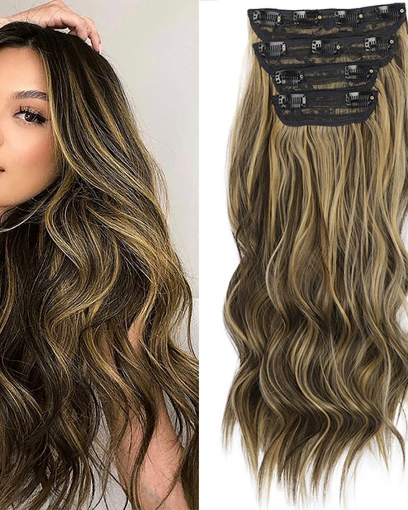 

4PCS 20 Inches Long Wavy Curly Clip in Hair Extensions Natural Wig, Brown