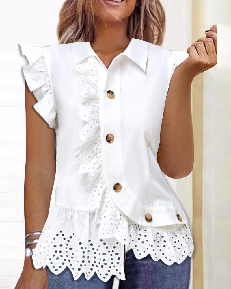 Flutter Sleeve Lace Patch Buttoned Top