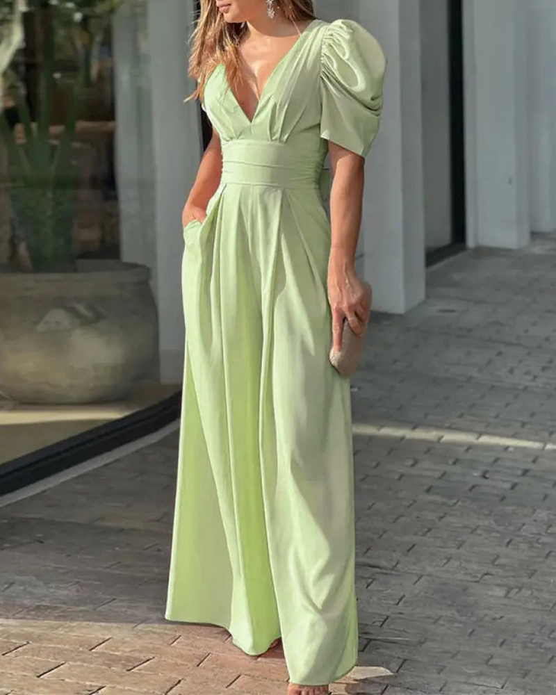 

Puff Sleeve Plunge Wide Leg Jumpsuit, Light green