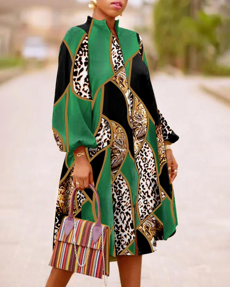 

Baroque Leopard Print Lantern Sleeve Slit Casual Dress, Green