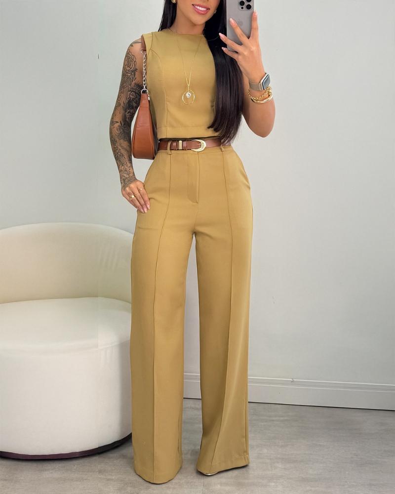 

Conjunto de 2 peças de roupa com decote redondo, blusa sem mangas e calças largas casuais, Khaki