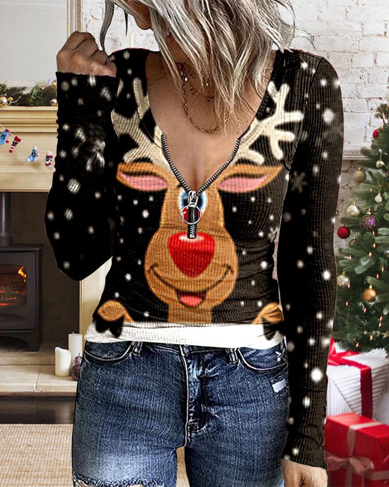 

Christmas Snowflake Elk Print Zip Front Long Sleeve Top, Black