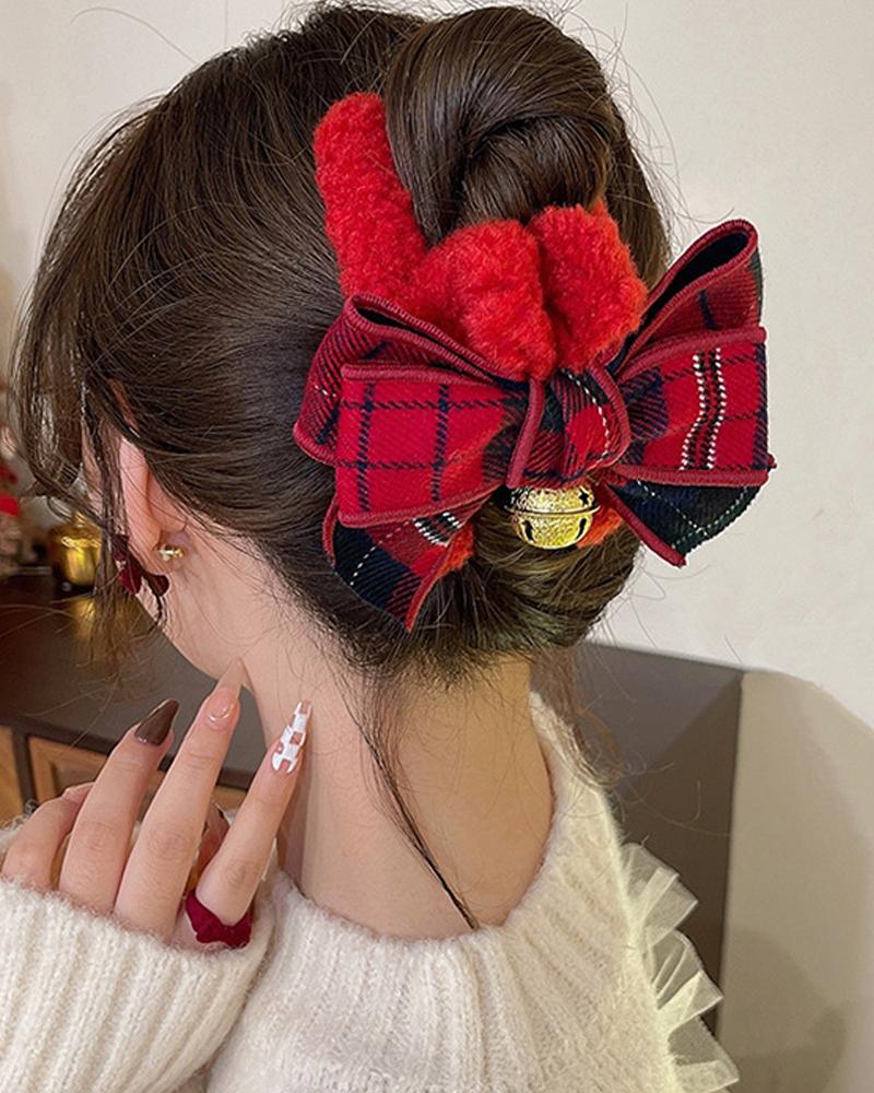 

1pc Christmas Plaid Bowknot Jingle Bell Decor Fluffy Hair Claw, Red