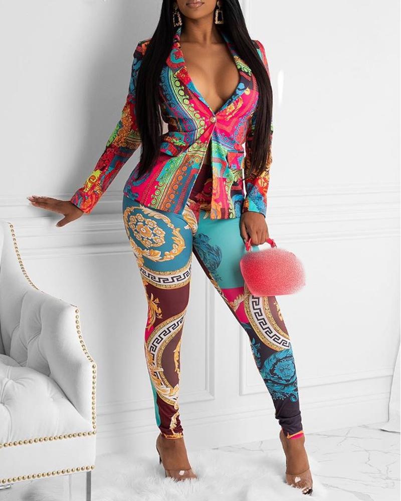 

Scarf Print Buttoned Blazer Coat & Pants Sets, Blue