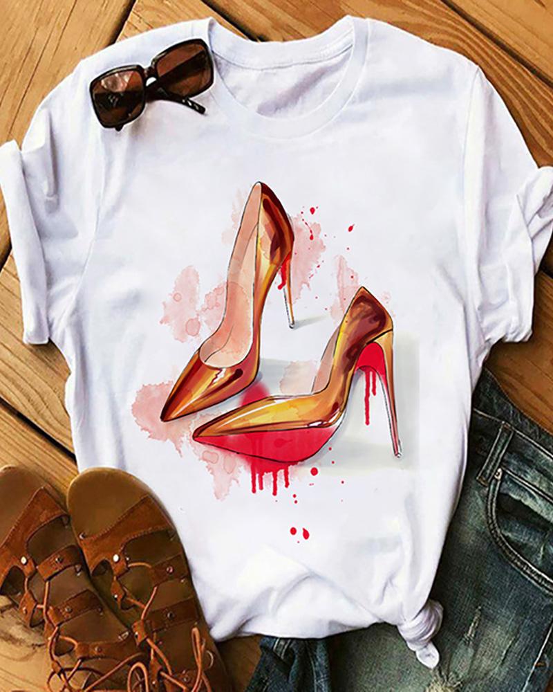 

Floral / Letter / Heels Print Short Sleeve Casual T-Shirt, Style4