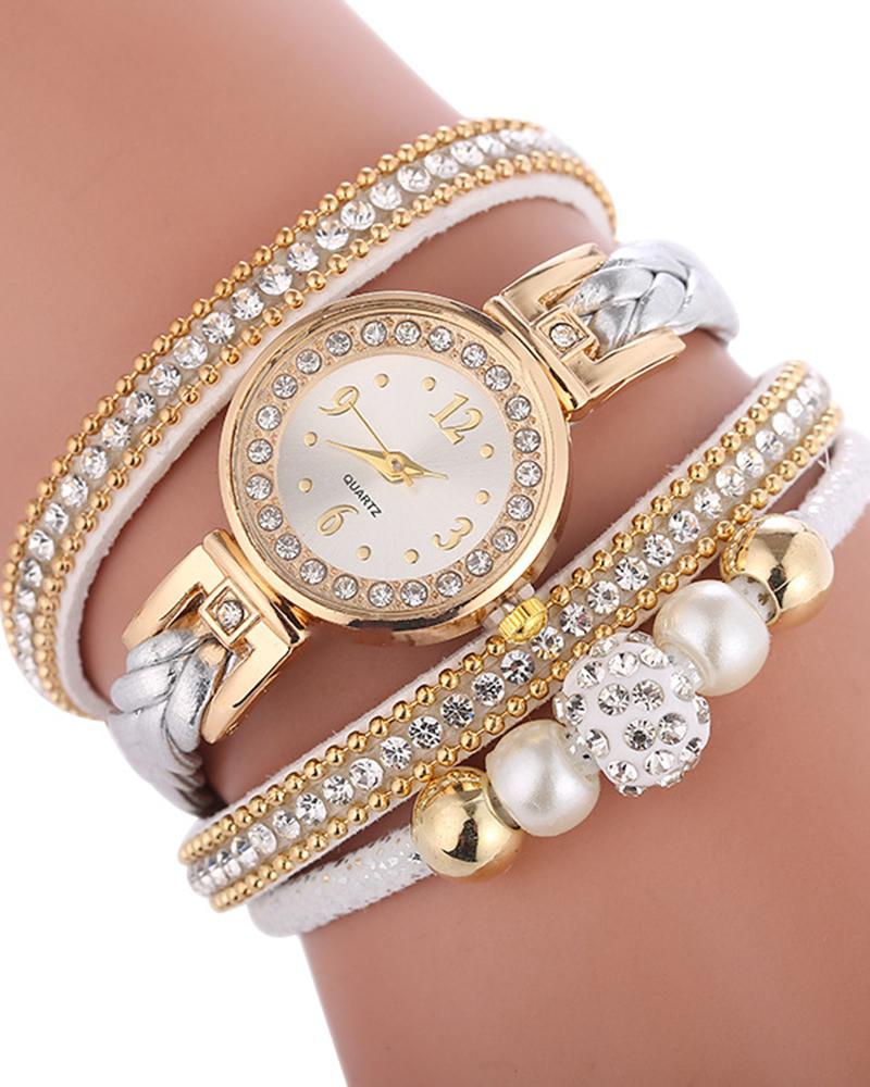 

1pc Rhinestone Decor Bangle Quartz Watch, White