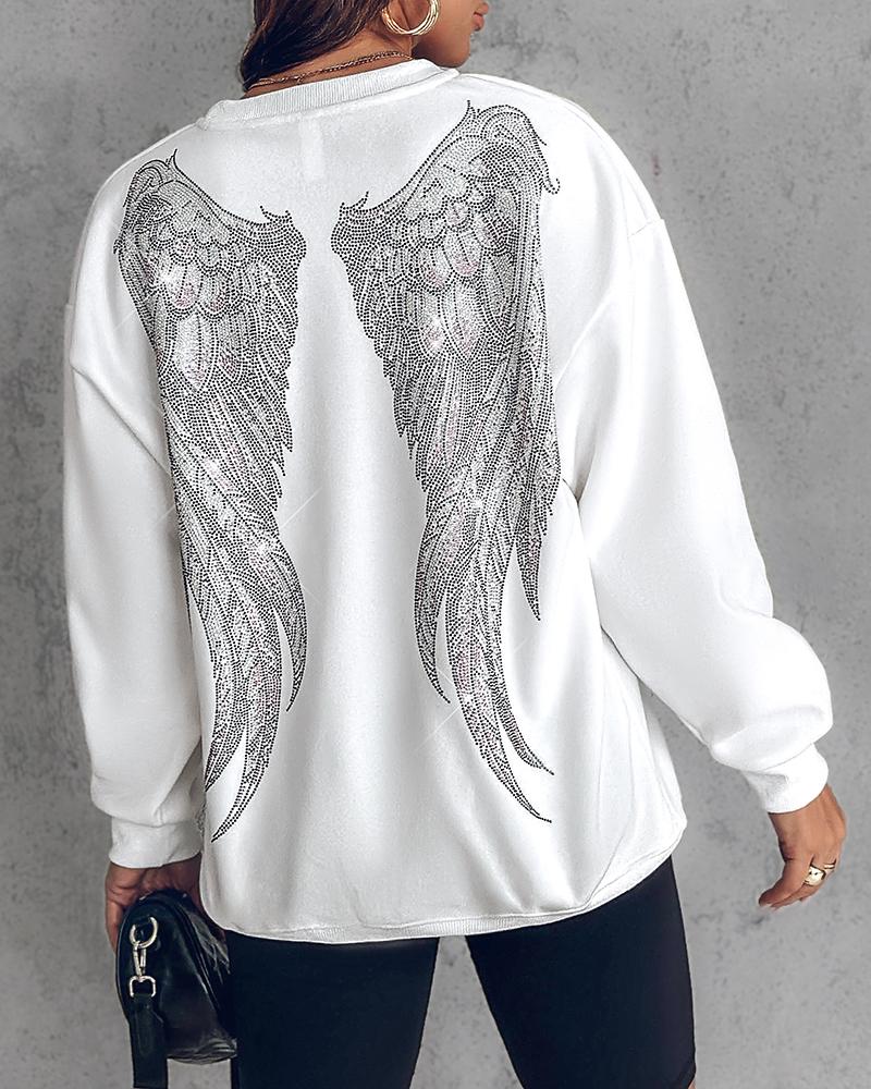 

Sudadera con estampado de alas y letras de diamantes de imitación con cuello redondo y hombros caídos, White