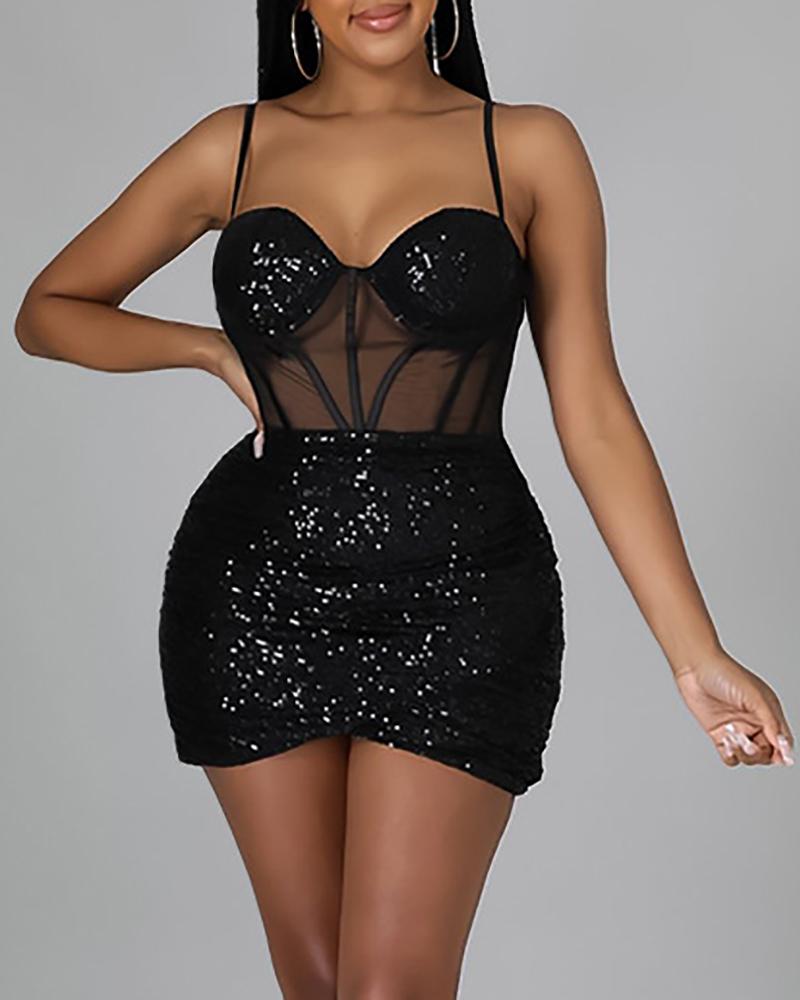 

Sheer Mesh Sleeveless Sequins Party Dress, Black