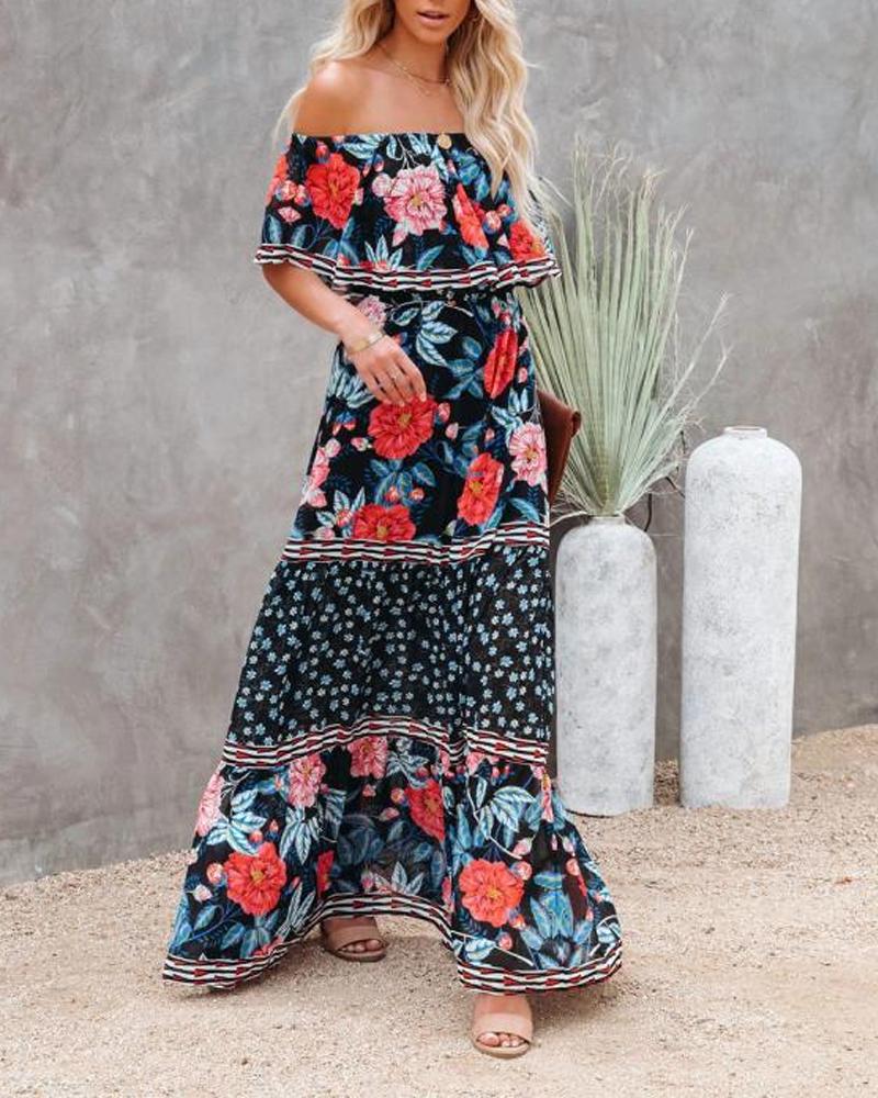 

Floral Print Off Shoulder Ruffle Hem Maxi Dress, Black