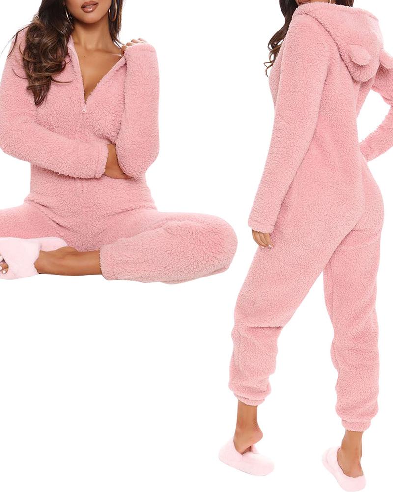 

3D Ear Zipper Front Hooded Fluffy Lounge Jumpsuit, Pink