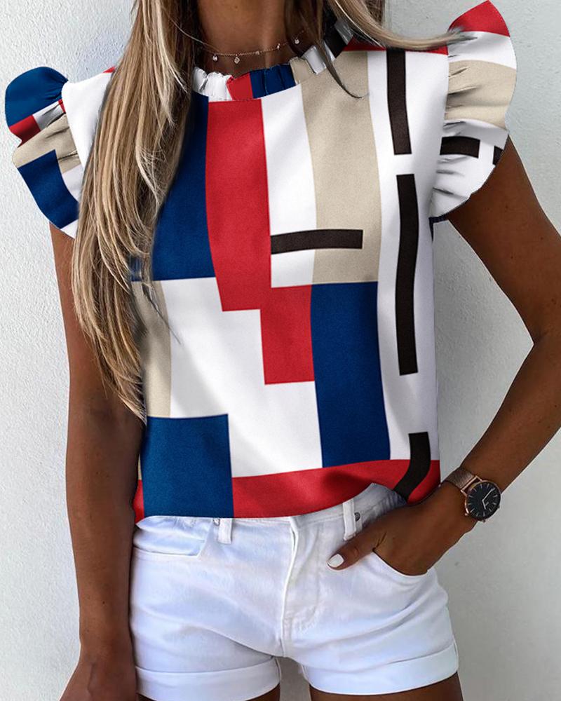 

Geometric Print Flutter Sleeve Casual Top, Multicolor