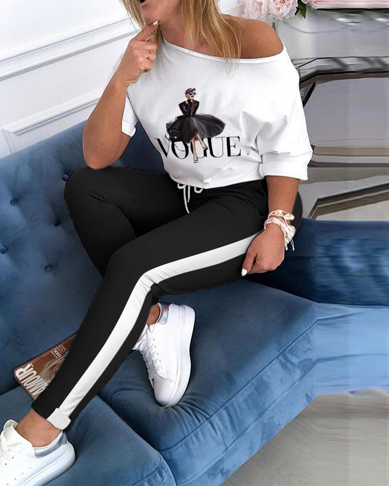 

Fashionable Figure And Letter Print Long Sleeve Suit Sets, White