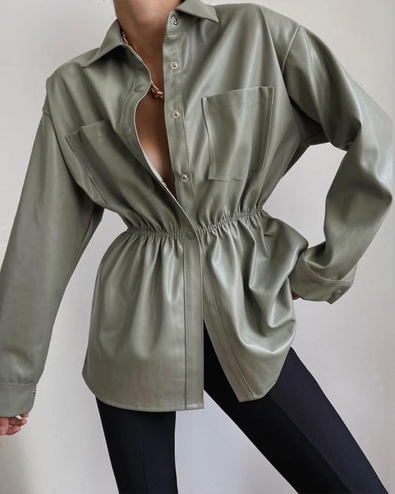 

PU Leather Long Sleeve Buttoned Shacket, Green