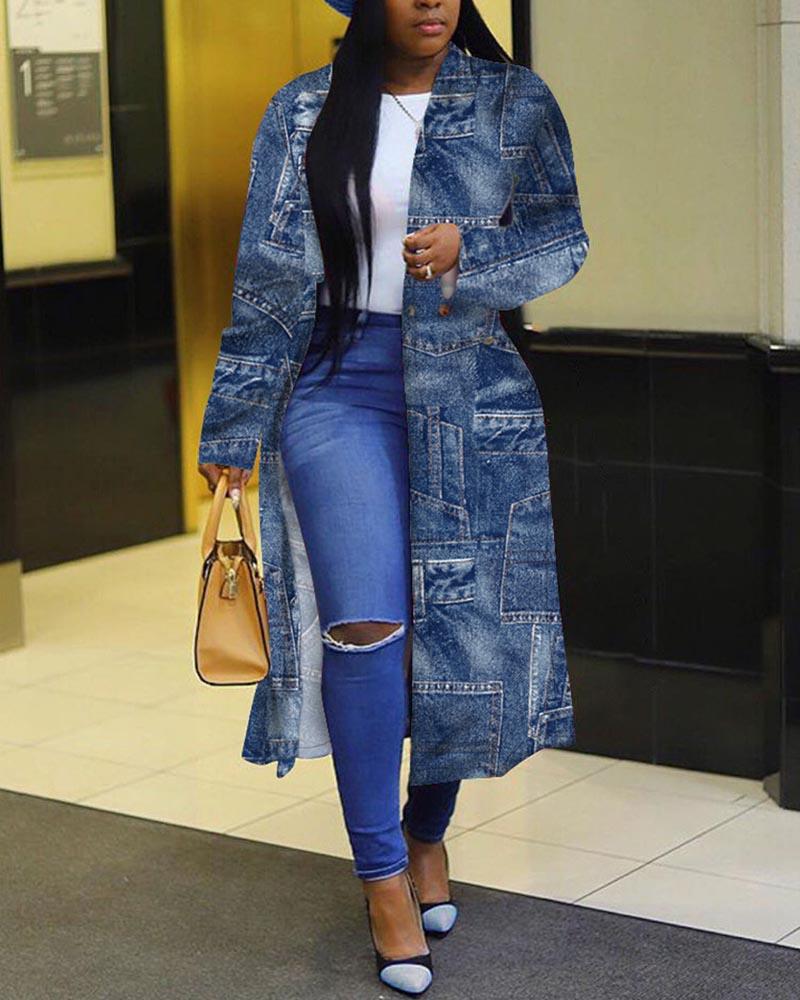 

Plus Size Denim Look Print Button Front Longline Coat, Blue