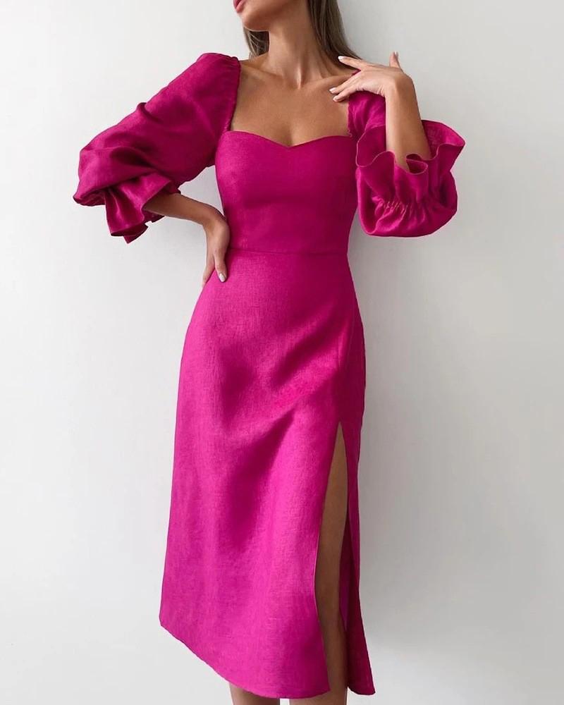 

Bell Puff Sleeve High Slit Party Dress, Hot pink