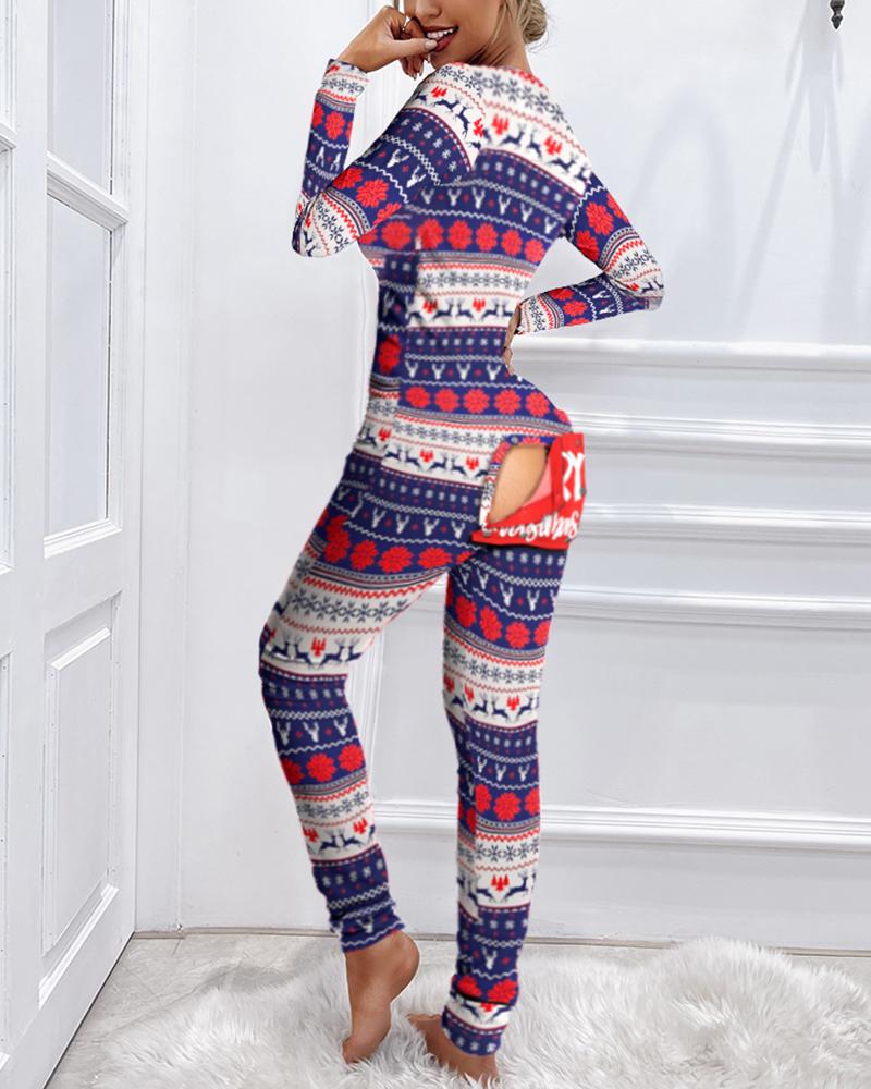 

Christmas Letter Print Functional Buttoned Flap Adults Pajamas, Multicolor